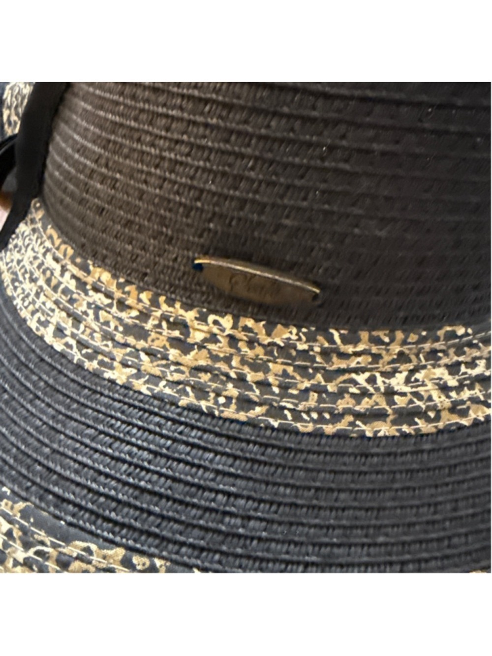 Scala Handcrafted Leopard Print Straw Sun Visor Wide Brim Black One Size - Picture 2 of 9